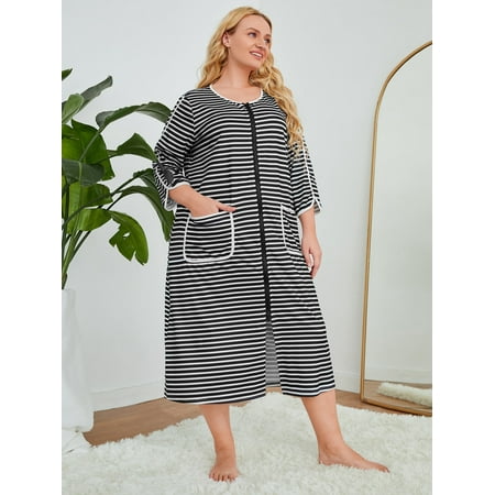 

Casual Women s Plus Striped Print Dual Pocket Zip Through Nightdress Black and White 3XL(18) F220102Y