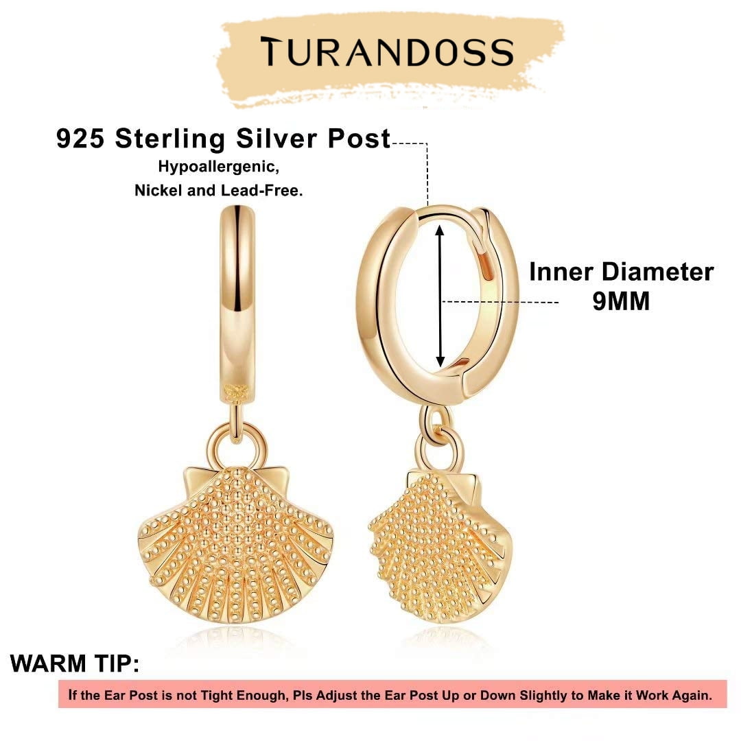 Turandoss Huggie Hoop Earrings for Women 14K Gold Plated Dainty Cubic Zirconia Sea Shell Charm Dangle Hypoallergenic Jewelry Mothers Day Birthday Gifts for Women Teen Girls