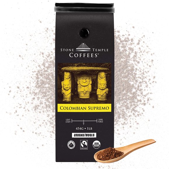 Stone Temple Coffees - Colombian Supremo, Ground, Medium Roast, Certified USDA & COR Organic and Fair trade, 100% Arabica Grade A, 1lb/454g Bag