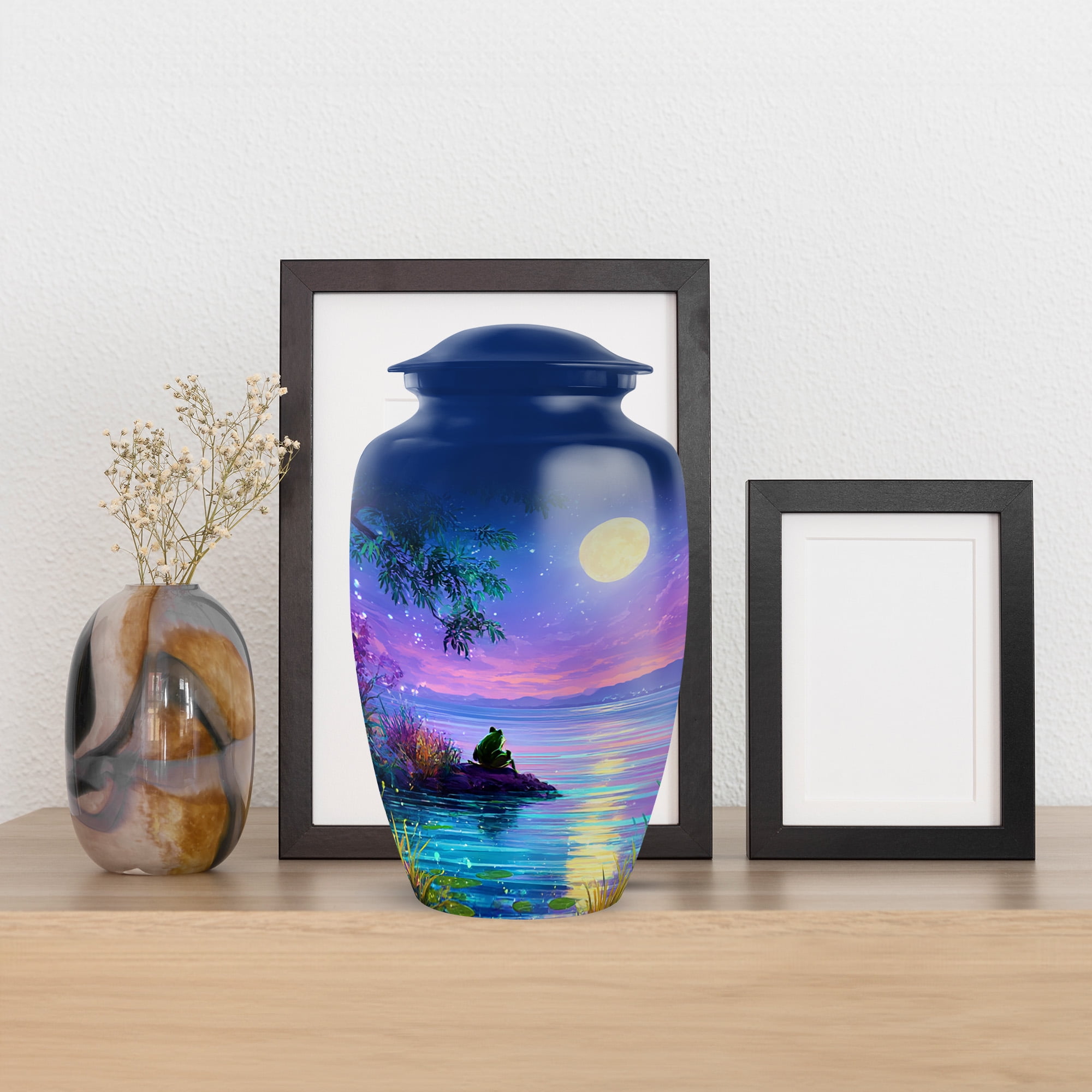 MUKTIVE Frog Cremation Urns for Adult Male, Blue Funeral Urn for Ashes for Women, Moon Burial Urn for Loss of Mom, Large Memorial Urns for Human Ashes, 10 Inch
