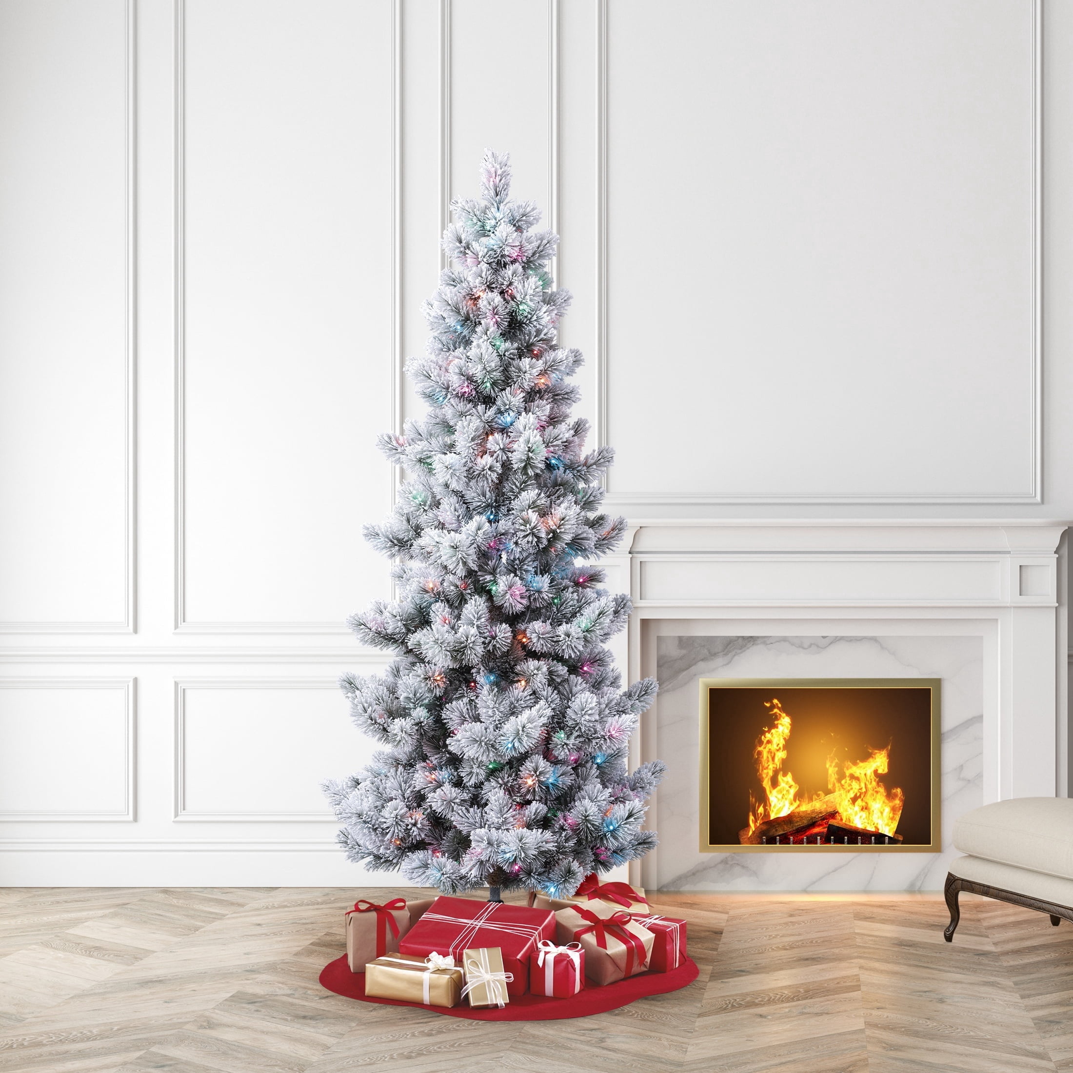 7.5' Pre-Lit Warren Pine Snow-Flocked Green Artificial Christmas Tree with Color-Changing LED Lights and Stand, by Holiday Time