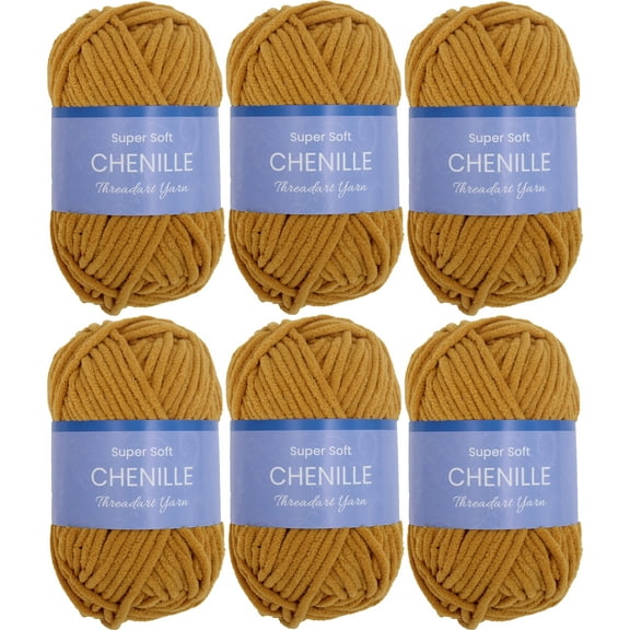 6 Pack ThreadArt Chenille Yarn for Crocheting, Knitting, Amigurumi, Super Soft Plush Velvet Yarn - 50 Gram 60 yds #5 Fluffy Yarn Skeins - Mustard