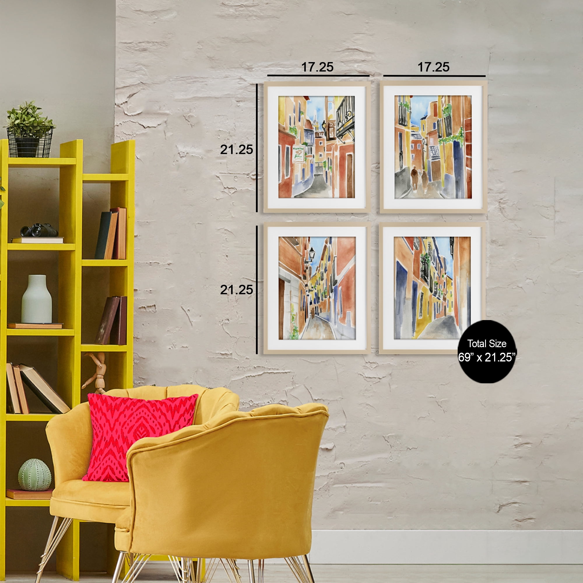Stupell Industries Madrid Buildings & Architecture 4 Piece Birch Framed Print Under Glass Set, design by June Erica Vess