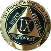 TEVIROOM 9 Year AA Medallion Glossy Elegant Black Gold and Silver Plated Sobriety Chip IX