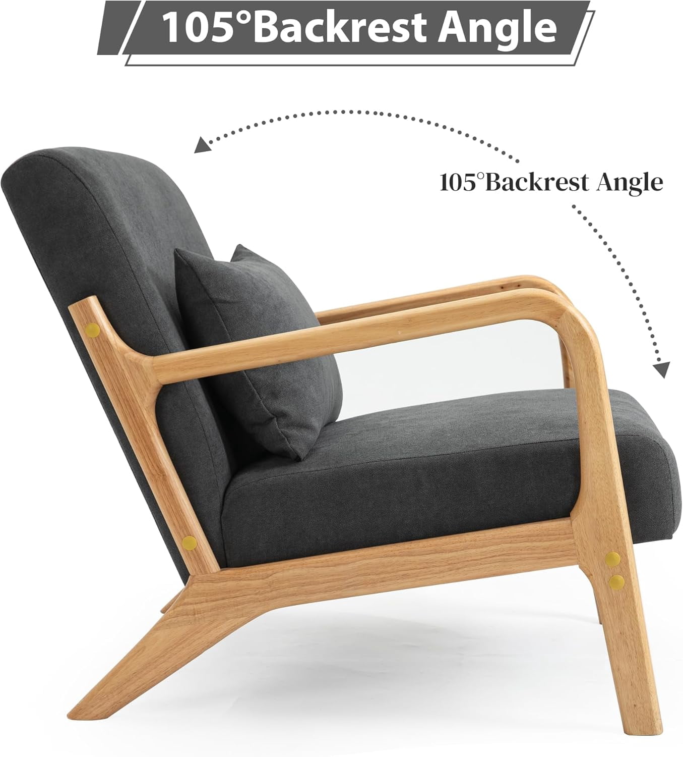 MOONMISS Mid-Century Modern Accent Chair, Velvet Fabric Arm Chair with Wood Frame and Pillow, Upholstered Armchair Comfort Reading Chair Lounge Chair for Living Room Bedroom Sunroom, Gray