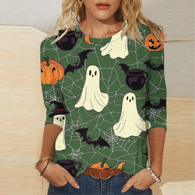 Heisall Womens Hoodies Halloween Print Round Neck 3/4 Sleeve Loose Fit Tshirts 2025 New Arrival Fashion Tops