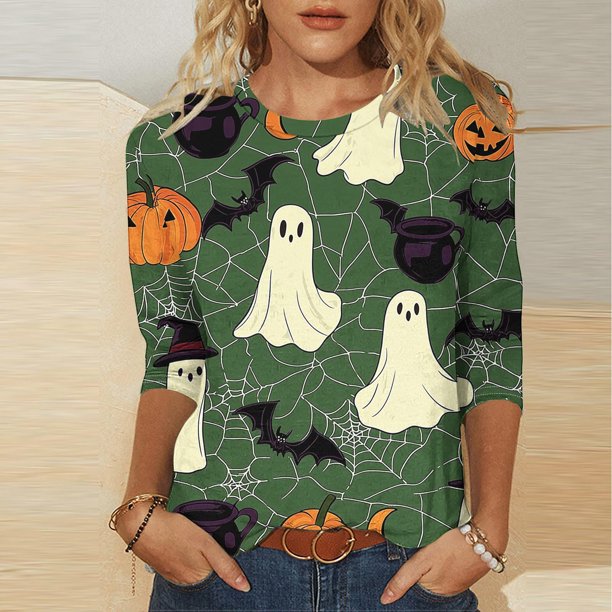 Heisall Womens Hoodies Halloween Print Round Neck 3/4 Sleeve Loose Fit Tshirts 2025 New Arrival Fashion Tops