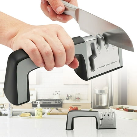 4in1 Professional Knife Scissors Sharpener Edge Kitchen Sharpens Sharpening Tool with Non-slip Rubber, 4 Slots fit all Types of (Best Way To Sharpen Scissors At Home)