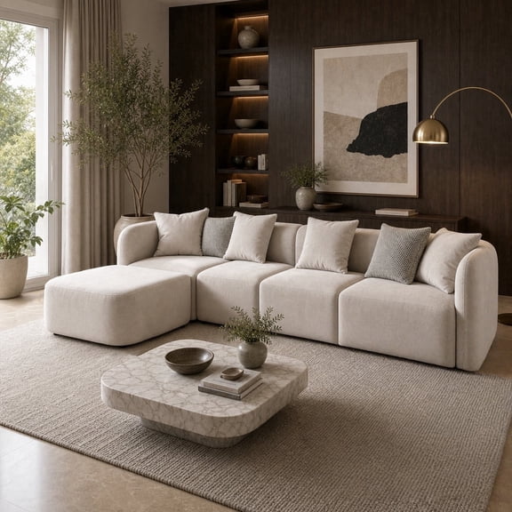 Modular Sectional Couch, 118" Cloud Couch with Ottoman, Deep Seat L Shaped Sofa, Oversized Beige Velvet Sectional Sofa for Living Room Apartment
