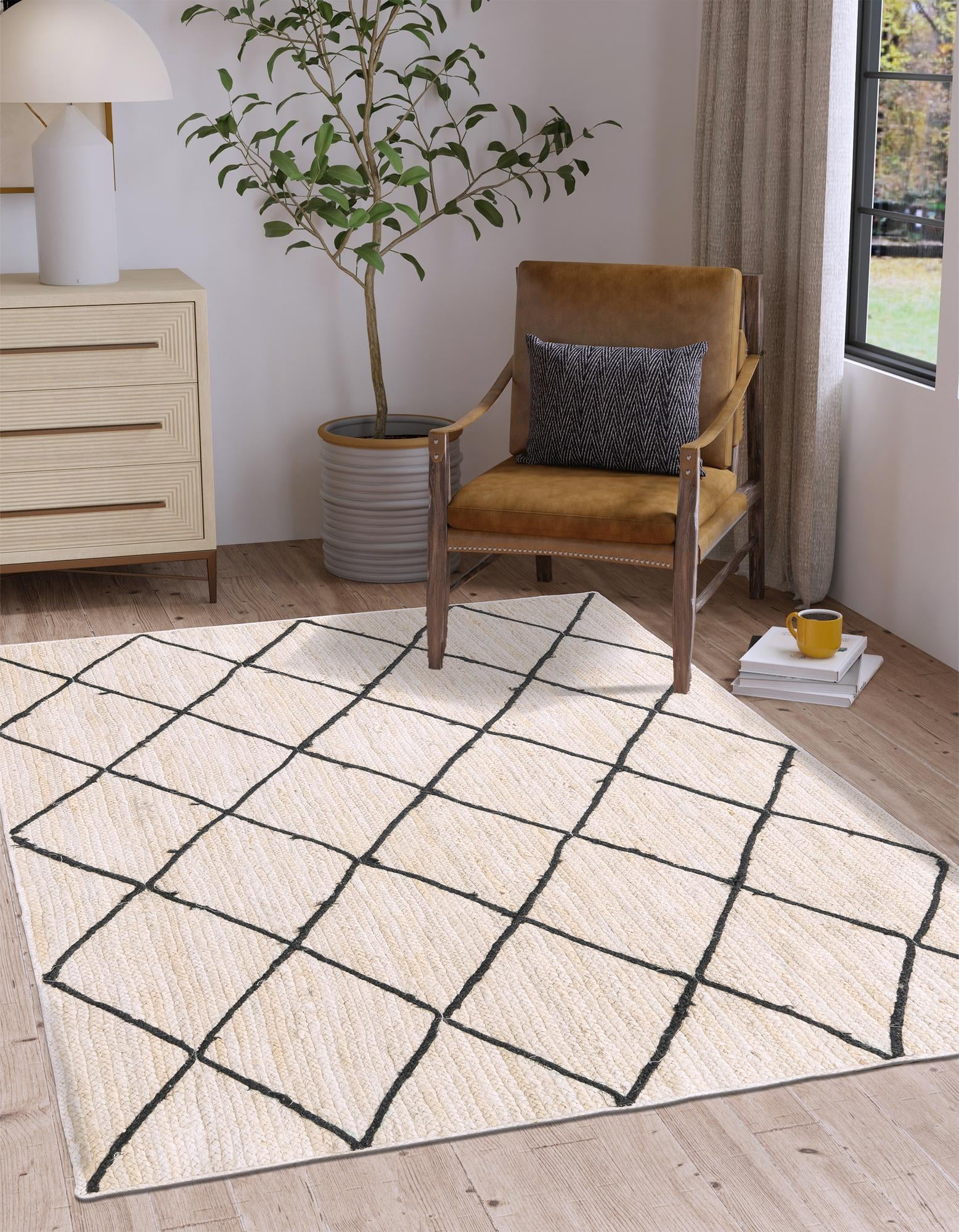 Unique Loom Braided Jute Collection Area Rug - Trellis (6' 1" x 9' Rectangle Ivory and Black/Black)