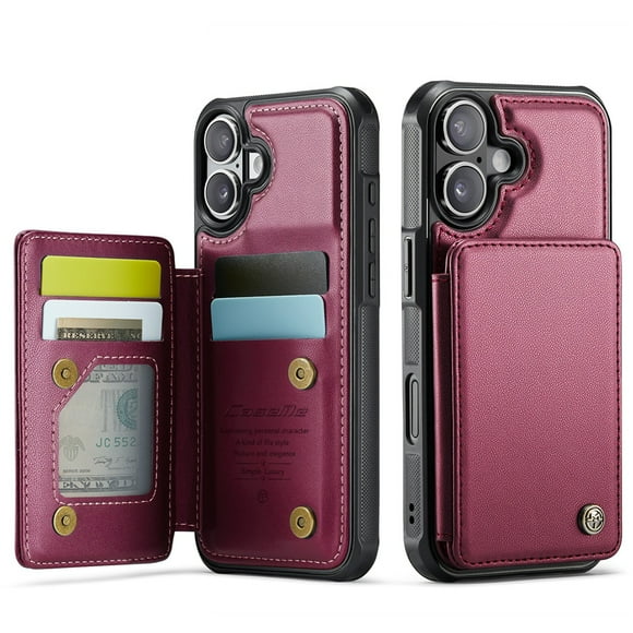 CaseMe Leather for iPhone 17 Case with Card Holder, Wallet Case for Women Men with RFID Blocking, Durable Leather Kickstand Magnetic Clasp Shockproof Phone Case for iPhone 17 6.3-inch,Wine Red