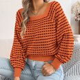 thumbnail image 4 of Women Plaid Knit Sweater Squares Neck Long Puff Sleeve Waist Cuffs Short Knitwear Pullover Tops for Casual Daily Wear Orange XL, 4 of 9