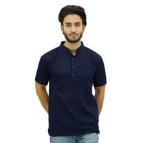 Atasi Mandarin Collar Men's Short Kurta Cotton Slub Navy Blue Shirt-Small