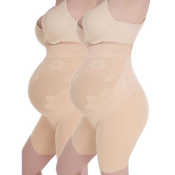 QRIC Baby Bump Full-Panel Maternity Shapewear, High Waisted Mid-Thigh Pregnancy Underwear Prevent Chaffing Soft Adominal Support