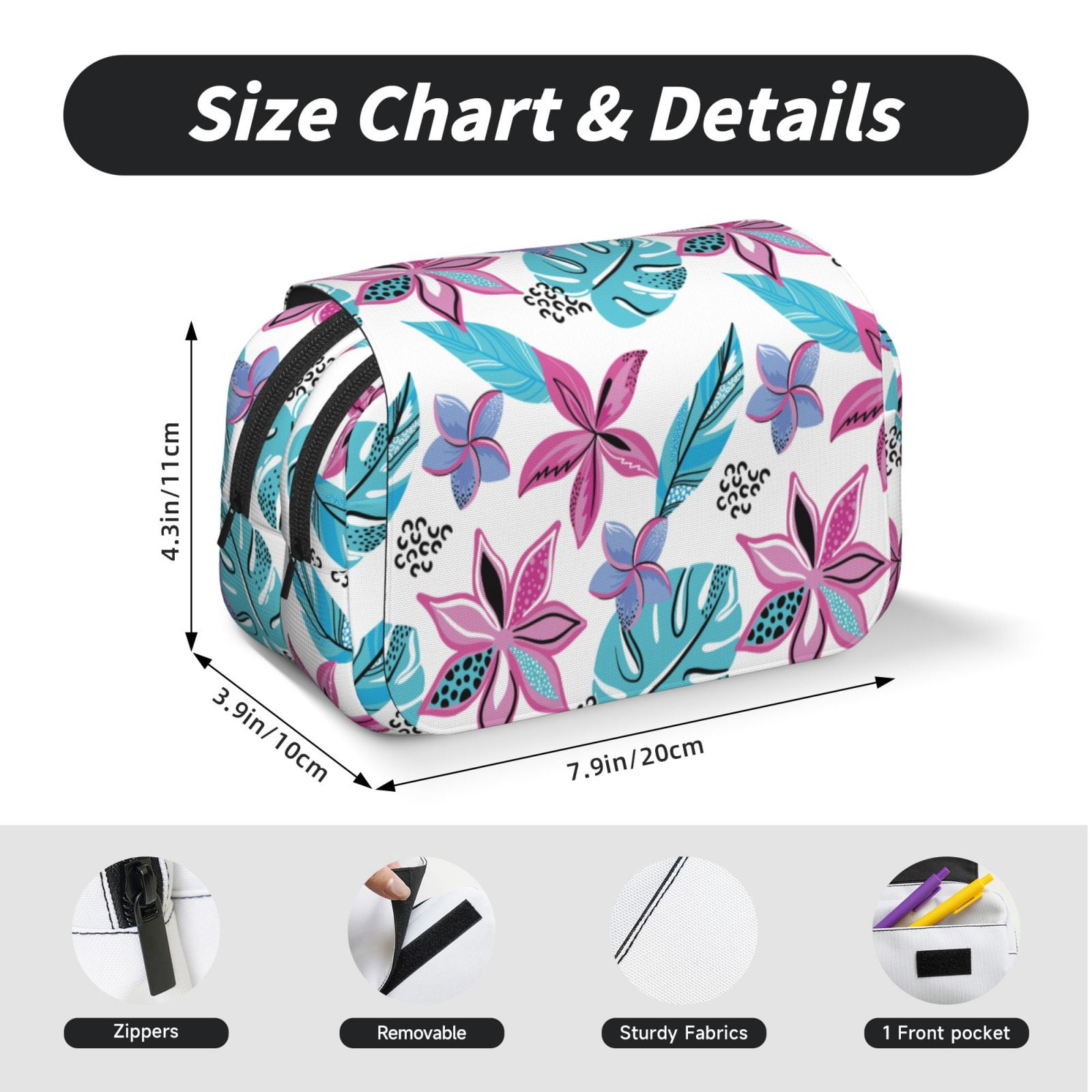 Rateoe Hawaiian Style Pattern Double Clamshell Pen Case, Storage Organizer with Two Zipper Compartments– Holds Up to 50 Pencils & Pens