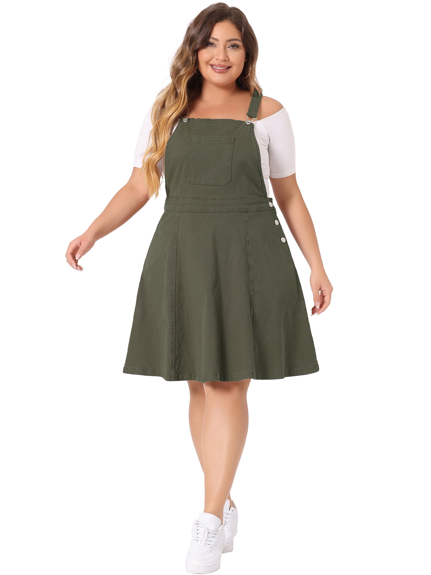 DARING DIVA Women's Plus Size Adjustable Straps Pockets Denim Dress 3X Army Green