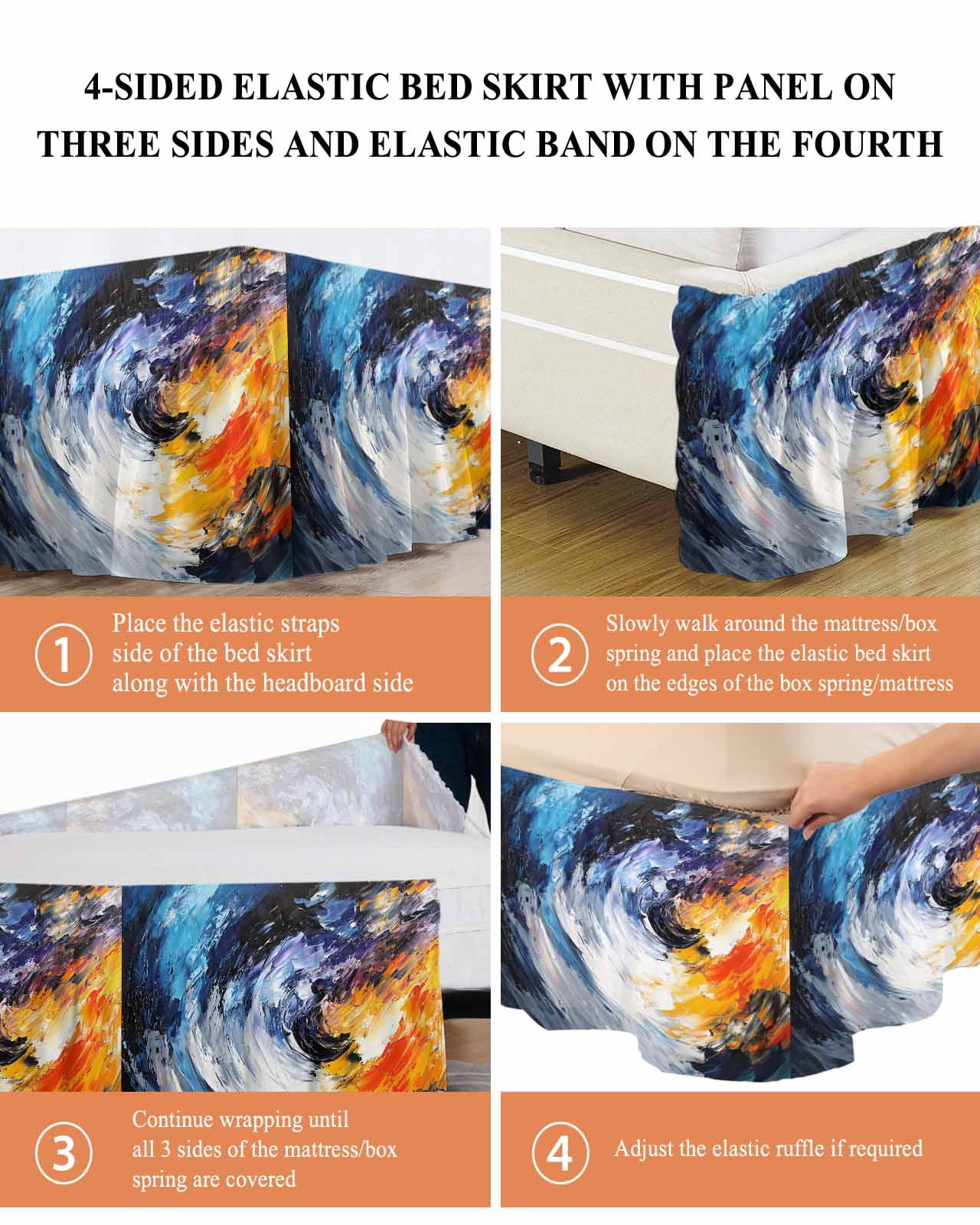 Oil Painting Wrap Around Bed Skirts for Queen Bed 16" Drop,Bed Skirt with Adjustable Elastic Belt Dust Ruffle Bed Valance for Bedroom Hotel Modern Abstract Colorful Smear Aesthetic Bed Frame Cover
