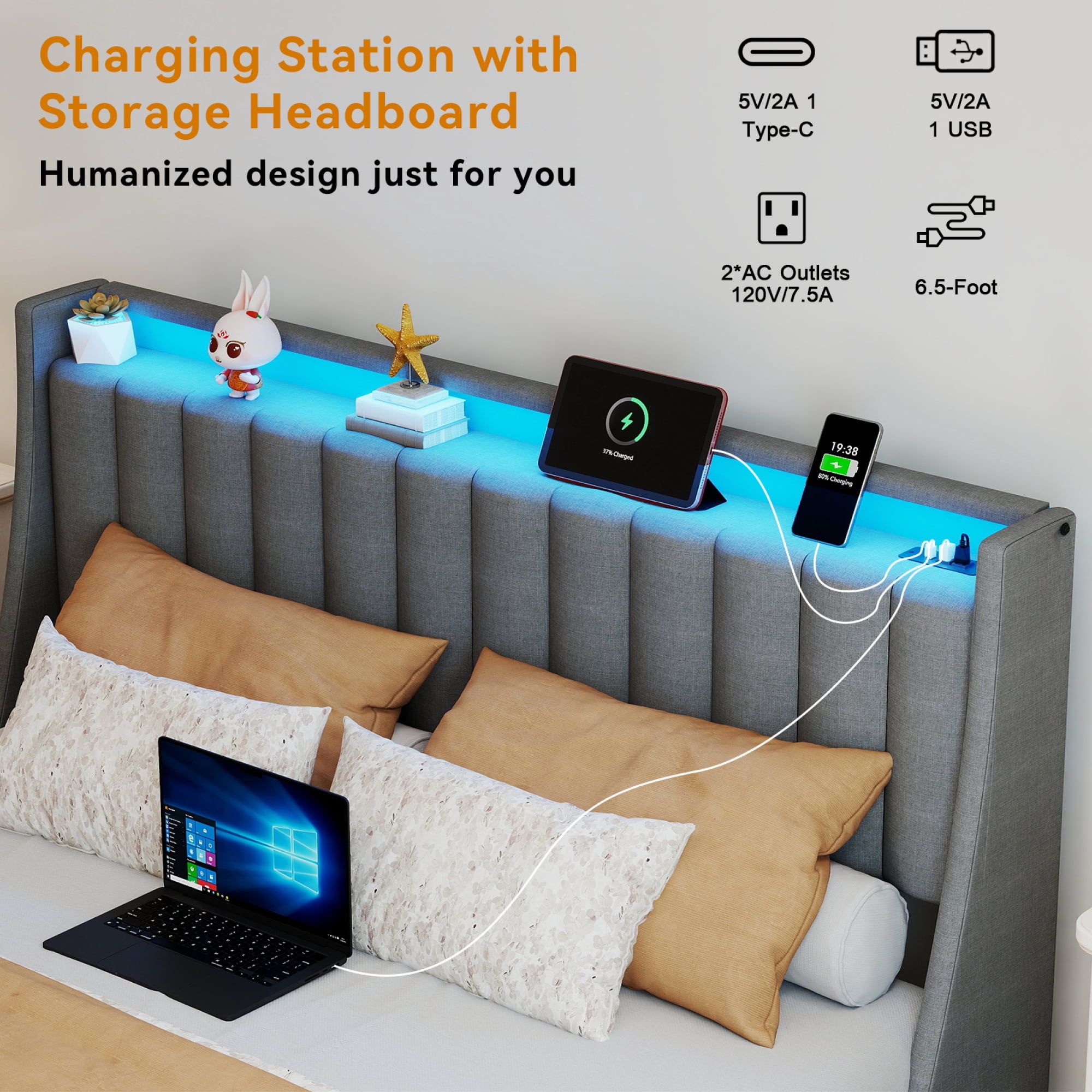 HOQBN Queen Size Bed Frame with RGB LED Lights & Charging Station, Upholstered Platform Bed with 2 Underbed Drawers & Storage Headboard, No Box Spring Required