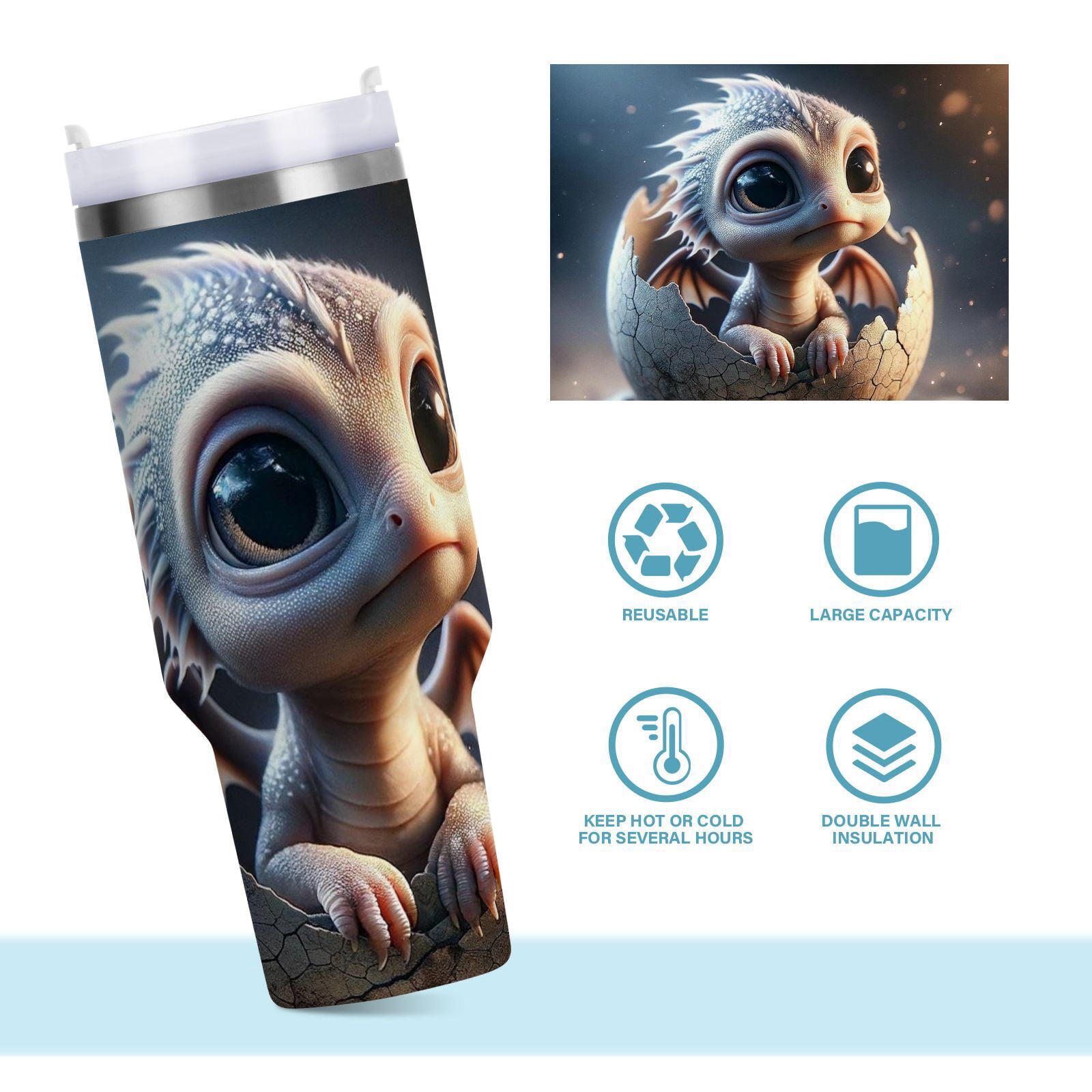 JSTEL Cute Baby Dragon 30 oz Tumbler Stainless Steel Water Bottle Vacuum Insulated Cup with Straw Lid & Handle For Travel Car Cup Holder