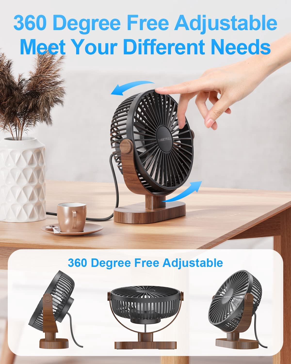 6.5 Inch USB Desk Fan, 3 Speeds, Quiet Portable  Fan with 360° Adjustment, Black Wood Grain