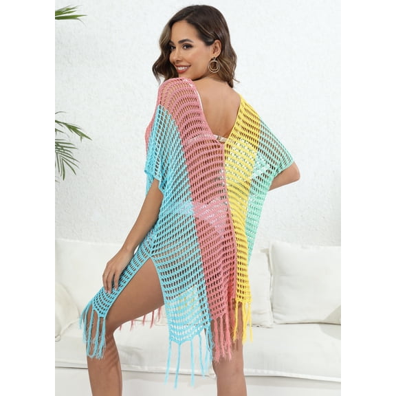 Chrishion Women Beach Pink Cover Up Dress Crochet Hollow Out Bikini Cover Up Colorblock Tassel Swimsuit Coverups Mesh Knit Poncho Dress Sexy One Shoulder Beachwear Vacation Swim Cover Up