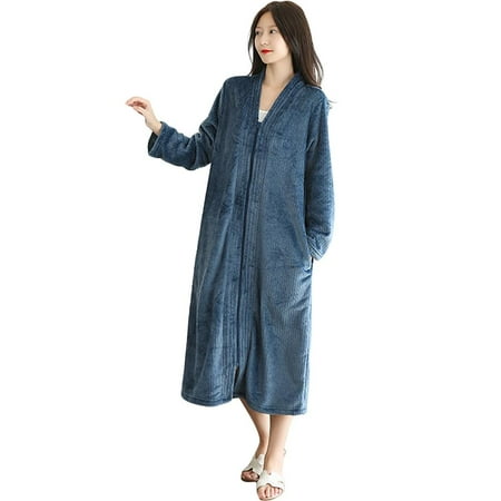 

Women Bathrobe Loose Pajamas Fleece Robe Warm Bathrobe Zipper Nightgown Long Sleeve Sleepwear with Pockets Autumn Winter Home Service