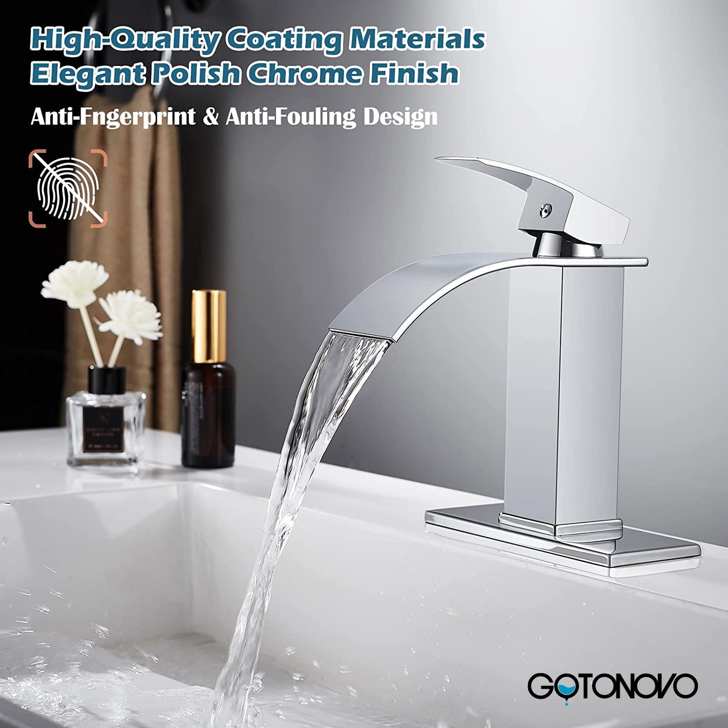 gotonovo Waterfall Spout Bathroom Sink Faucet Polish Chrome Single Handle 1 Hole Deck Mount Basin Mixer Tap with Deck Plate Lavatory Vanity Sink Faucet Solid Brass Include Pop Up Drain with Overflow