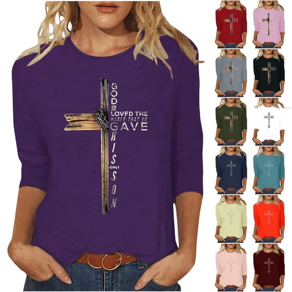 DDAPJ pyju Christian Easter T-shirts for Women 3/4 Sleeve Plus Size Tops Jesus Cross Print Graphic Tees Religious Faith Shirt Mid-length Pullover Blouses Black S