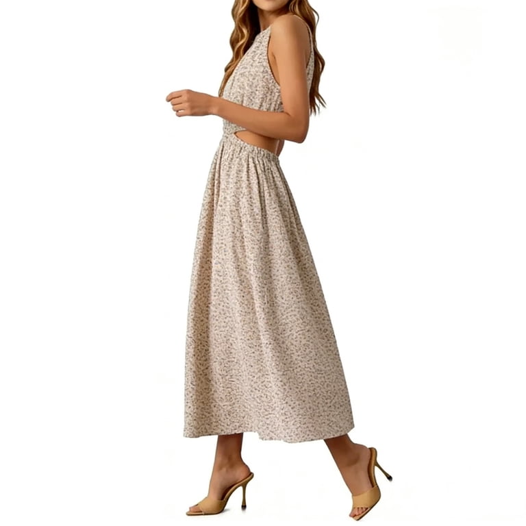 cutout boho dress Zgrbou Women's Summer Floral Print Crewneck Strapped Waist Cami Dress Beach A Line Long Maxi, Size: Large, Black apple shaped body