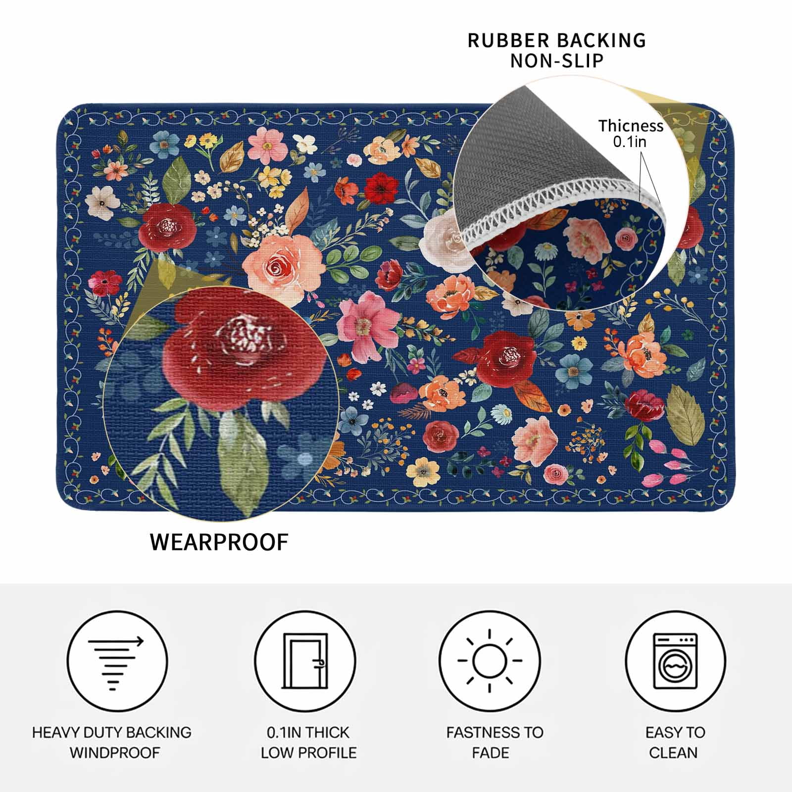 Navy Blue Flowers Doormat Outdoor Entrance 16"x24", Spring Vintage Floral Leaves Farmhouse Absorb Moisture Dirt Door Mats, Non-Slip Rubber Backing Floor Mats Indoor, Low-Profile Front Door Rugs
