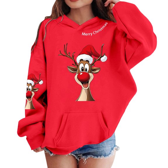 Big Girls Casual Long Sleeve Hoodies Christmas Hooded Sweatshirt Print Pullover Top Sweatshirt Tops Size 11-12T ,Red