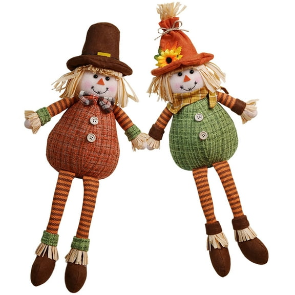 2Pcs Thanksgiving Scarecrow Decoration Dolls Fall Harvest Festival Scarecrows Plush Dolls with Hanging Legs and Straw Ornaments Home Party Fall Tabletop Scarecrow Decors Type 3