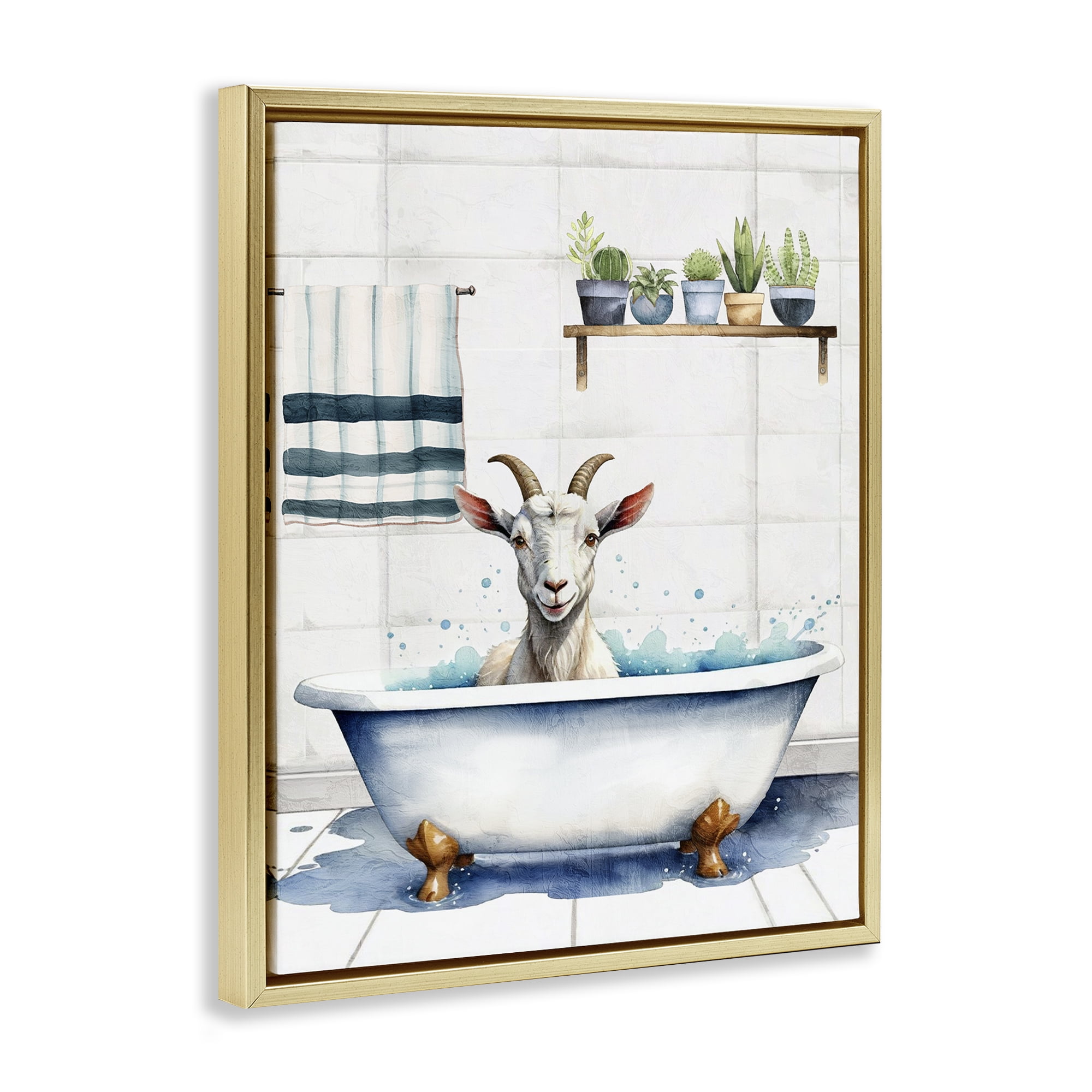 Stupell Industries Goat Bathtime Suds Bath & Laundry Painting Gold Floater Framed Canvas Art Print Wall Art, 25 x 31