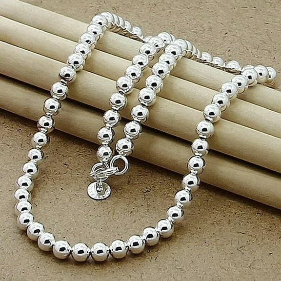 EOEMY 925 Sterling Silver 6mm Beads Chain Necklace For Women Trendy Wedding 20Inch