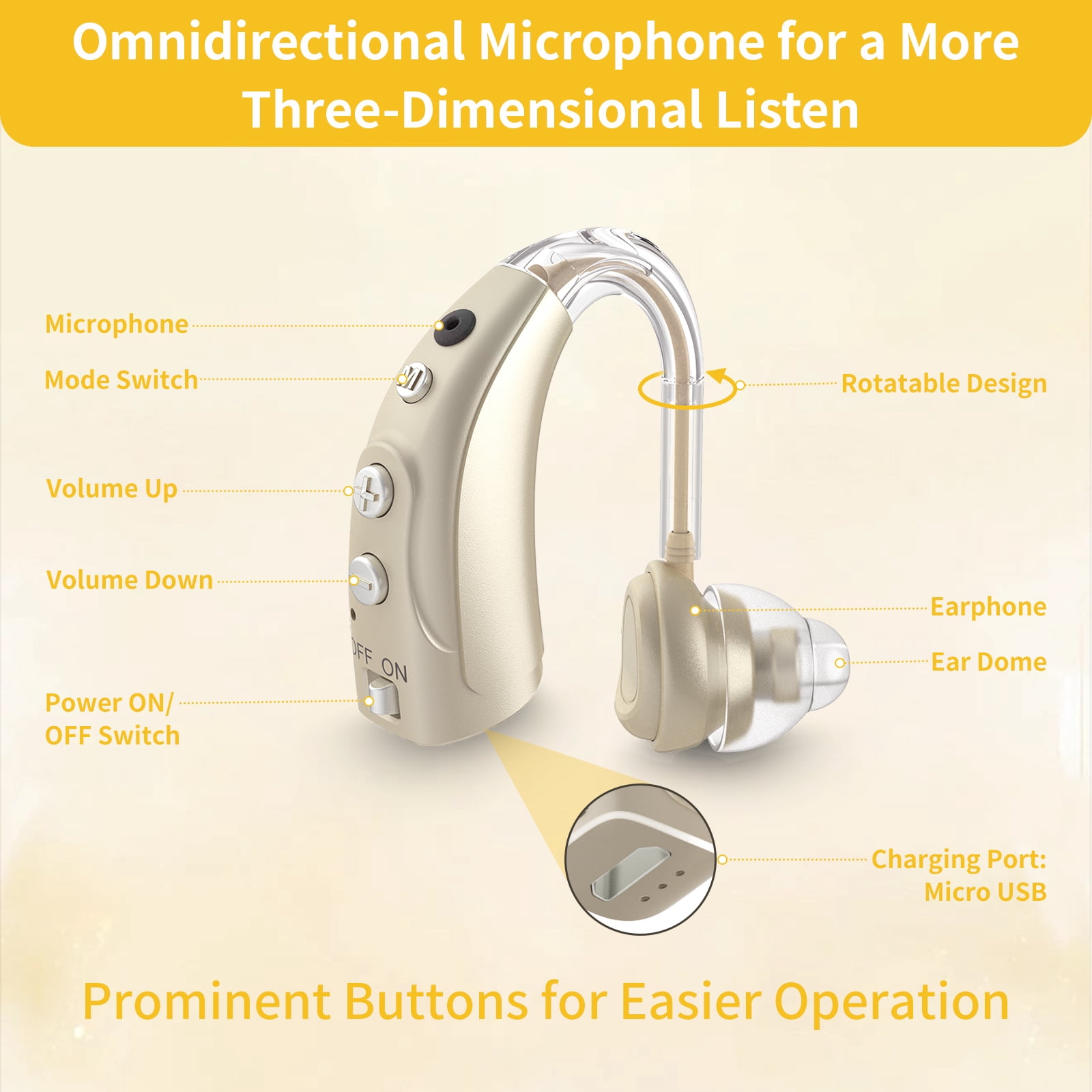 ELCTRTICI Hearing Aids for Seniors, 16-Channel Rechargeable Hearing Aid with Smart Noise Cancelling, 4 Modes & 8 Volume Levels, Single, Gold