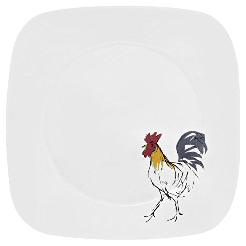 Set of 4 Corelle Square Country Dawn 10 1/4" Dinner Plates rooster NEW 