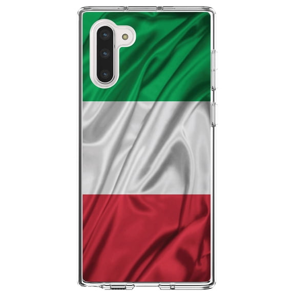 DistinctInk Clear Shockproof Hybrid Case for Samsung Galaxy Note 10 (6.3" Screen) - TPU Bumper, Acrylic Back, Tempered Glass Screen Protector - Italian Flag Italy Waving Red White Green - Italy