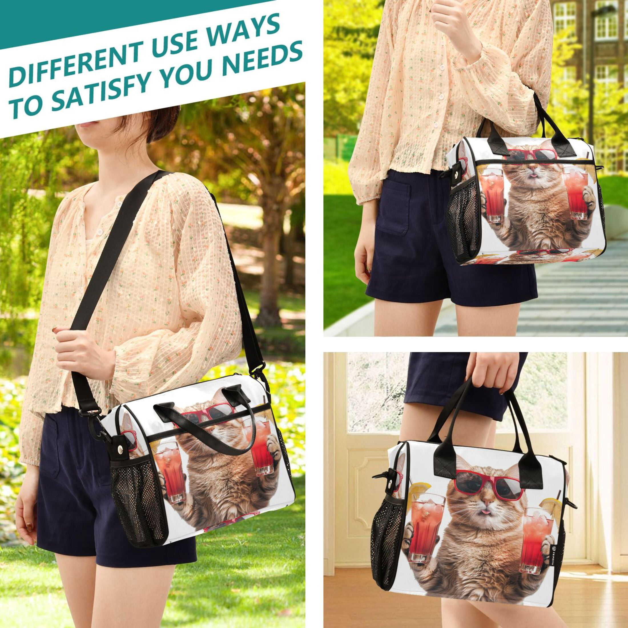 Lunch Bag Insulated Lunch Box Leakproof Reusable Cooler Tote Adjustable Shoulder Strap for Men Women Cool Cat with Drinks 12L