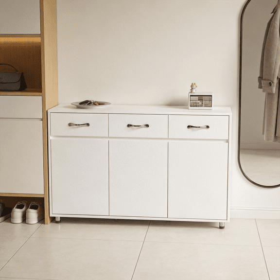 Wanling Storage Cabinet with 3 Door Shelves & 3 Drawer, Narrow Kitchen Pantry Cabinet for Living Room, Bathroom, Entryway White