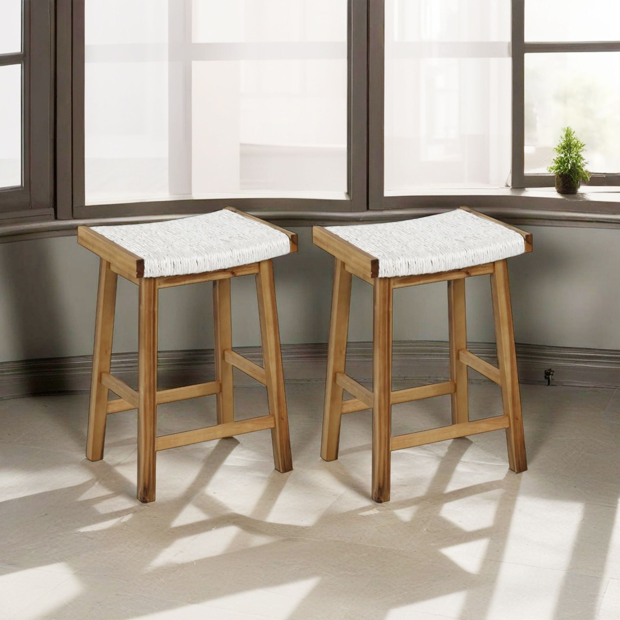 Demi Bonn 25.5" Set of 2 Bar Stool with Seaweed Woven Seat, Modern Kitchen Dining Chair, Beige