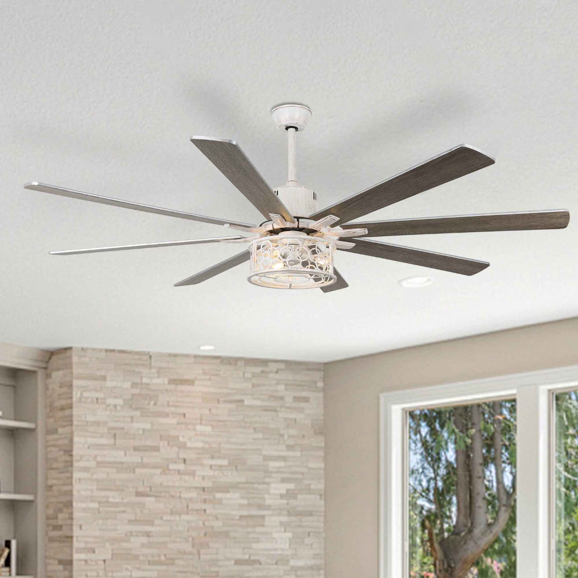 Cusp Barn 72 Inch Industrial Distressed White Finish Ceiling Fan with Remote and Lights, 8 Wooden Blades Indoor Ceiling Fan, DC Motor 6 Speeds Reversible, for Office and Large Indoor Room