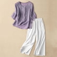 thumbnail image 2 of FUNUONY Linen Sets for Women 2 Piece Sets for Women Women's Casual Embroidered Top and Cotton Linen Long Pants Two Piece Set Purple 3Xl, 2 of 8