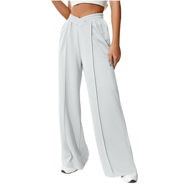 Pantalon de Sport Blanc pour Femmes, Yoga et Détente, Pantalon de Survêtement pour Dames, Coupe Ample, Taille Haute, Évasé, Patte d'Éléphant, Jambe Droite, Basique, Long, Jambe Évasée, Été Automne 2025 S