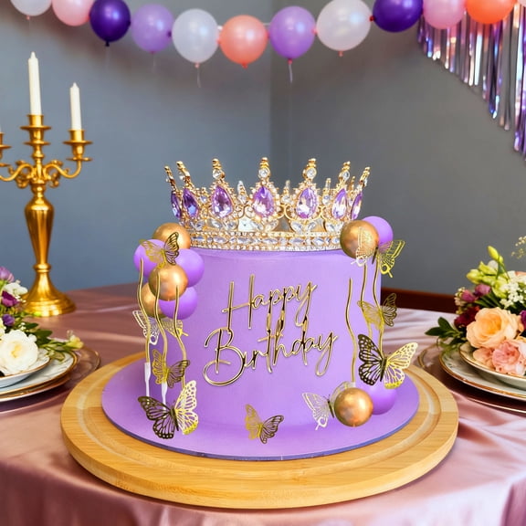Purple Crown Cake Decorations Set - Luxury Queen Theme Gold & Purple Party Decor for Birthday Anniversary