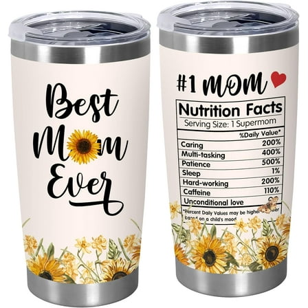 Mothers Day Gifts for Mom - #1 Nutrition Facts Sunflower Stainless Steel Insulated Coffee Tumbler with Lid 20 oz - Mother's Mom Birthday Gifts for Women Mama Mother-In-Law Stepmom