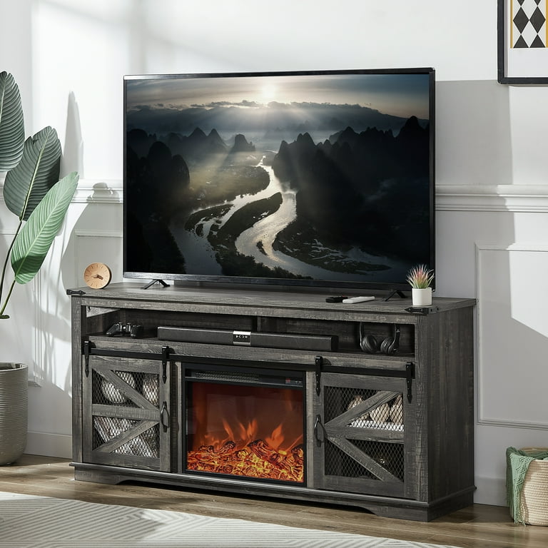 Tall black 2024 fireplace tv stand