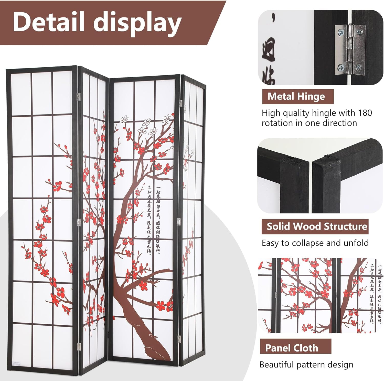 PayLessHere Room Divider 6ft Folding Privacy Divider 4 Panels Oriental Shoji Screen Room Divider Portable Freestanding Partition Screen, White