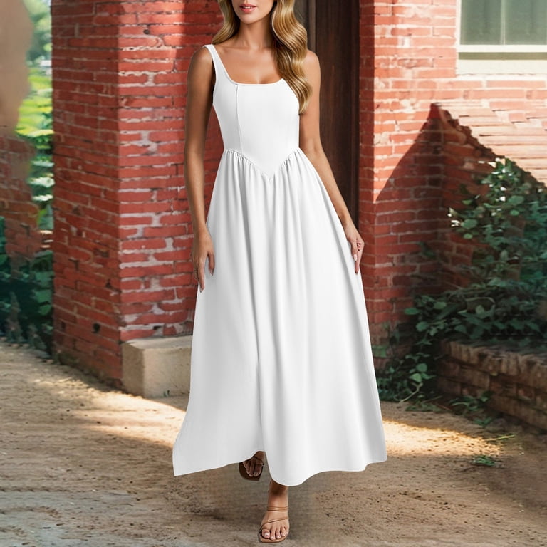 Efsteb Summer Sleeveless Dresses for Women Elegant Casual Spaghetti Strap Swing A Line Long Flowy Dress for Vacation (White,M), Women's, Size: Medium