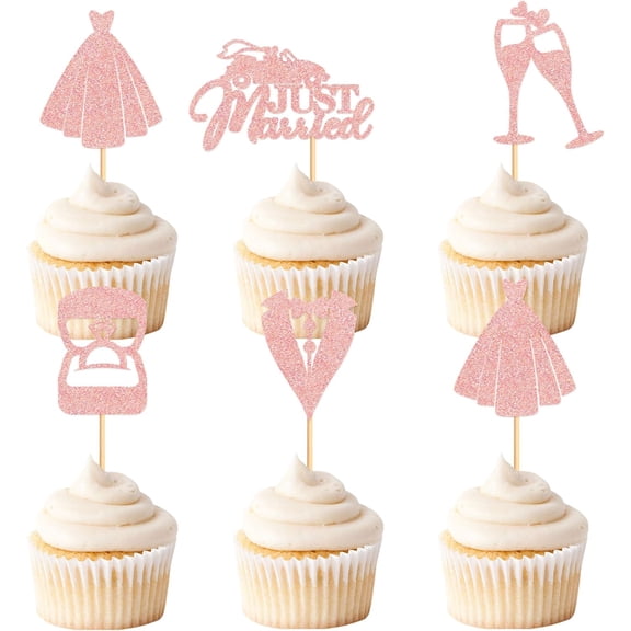 Rose Gold Glitter Just Married Cupcake Toppers, 12 Pack Picks with Wedding Dress, Car, Ring Box & Suit, Wedding Party Cake Decor Supplies