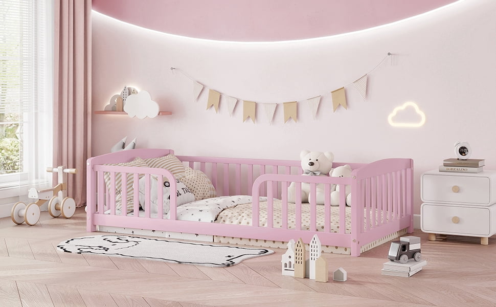 Mintazer Twin Size Toddler Floor Bed with Guardrails & Central Entrance, Pink